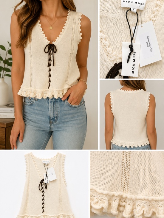 Miou Muse Tops - Miou Muse Cream V‑Neck Crochet Trim Knit Tank